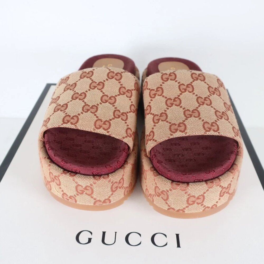 GUCCI Canvas GG Monogram Angelina Platform Slide Sandals